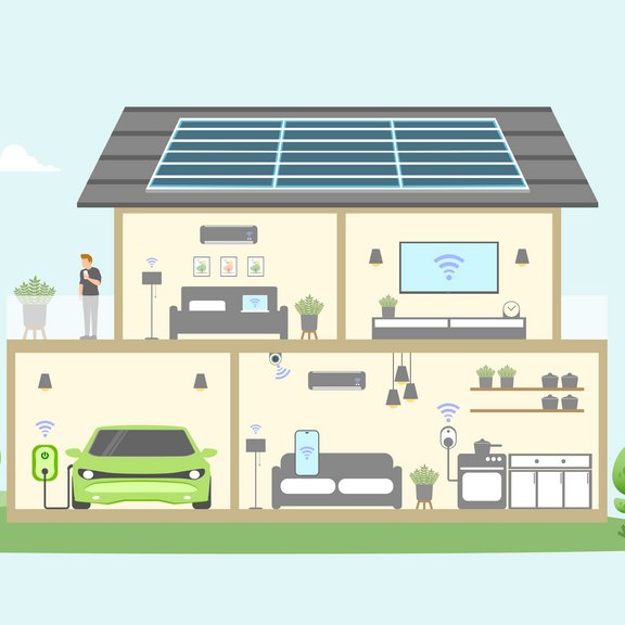 Environmental care and use clean green energy from renewable sources, Modern eco house low carbon concept, Smart home control with Electric car charging system, Wind power and Solar energy technology.